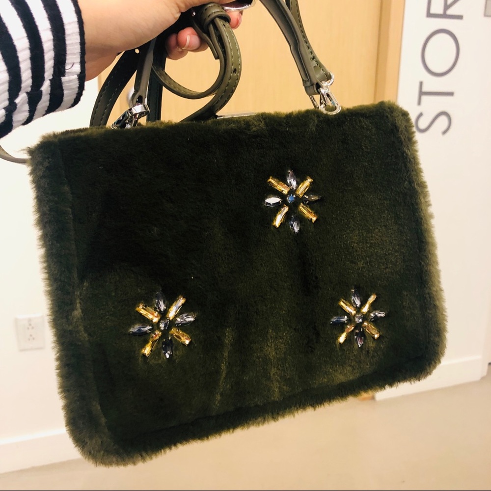 Army green furry bag with diamond flowers